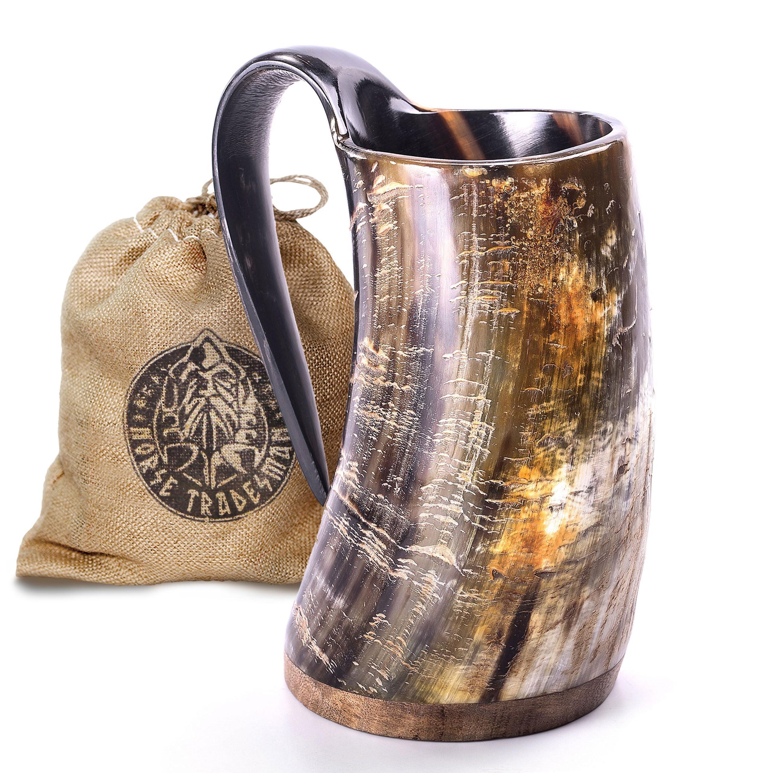 Norse Tradesman Original LG Viking Drinking Horn Mug - 100% Authentic Beer Horn Tankard With Natural Surface & Burlap Gift Sack | The Original, Low Polish, approx. 16 oz - Unique Gift Market