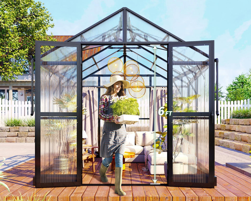 Jocisland 8x12x7.5 FT Greenhouse - Outdoor Aluminum Polycarbonate Greenhouse with Ventilation and Rain Gutter, 4 Swing Doors with Hook, Walk in Greenhouse for Outdoors Backyard Garden, Black - Unique Gift Market