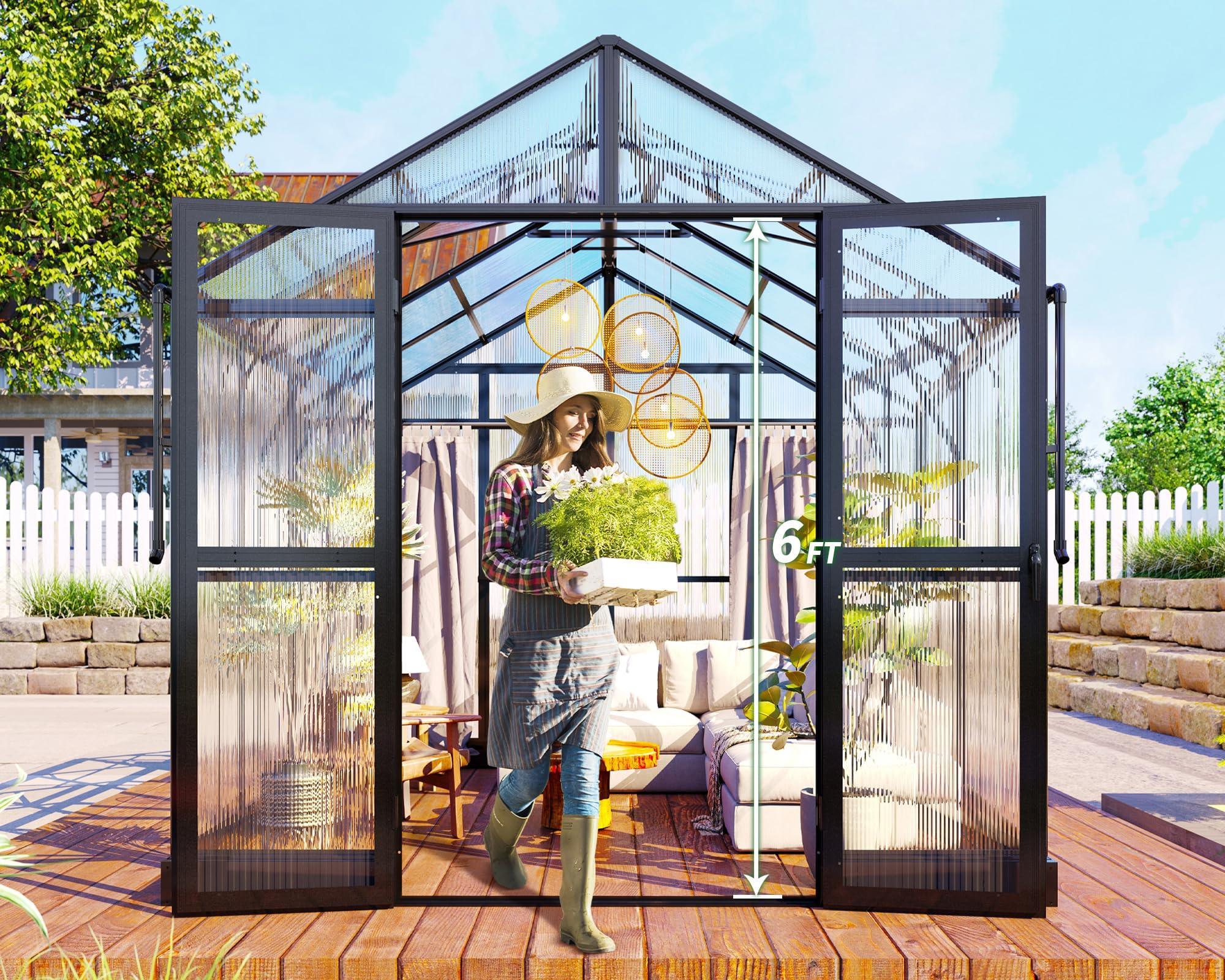Jocisland 8x12x7.5 FT Greenhouse - Outdoor Aluminum Polycarbonate Greenhouse with Ventilation and Rain Gutter, 4 Swing Doors with Hook, Walk in Greenhouse for Outdoors Backyard Garden, Black - Unique Gift Market