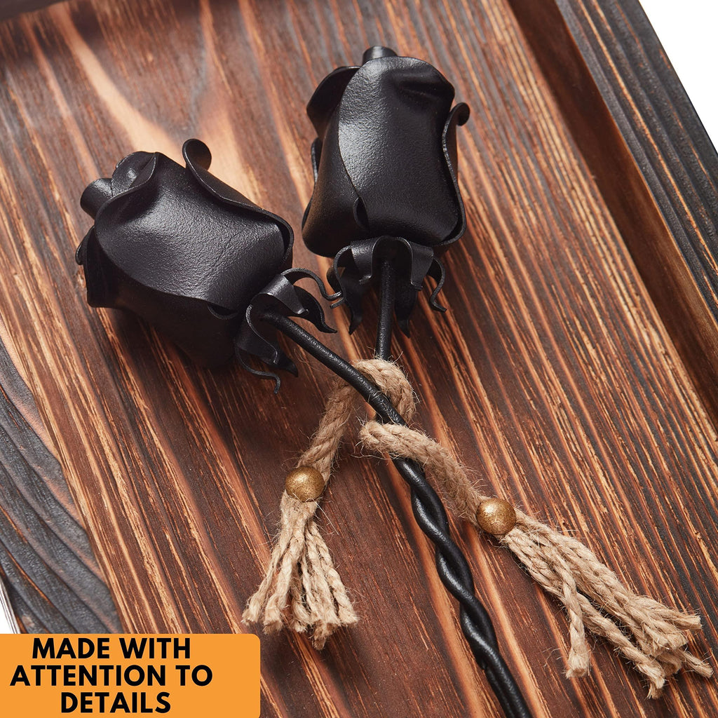NOVECRAFTO Set of 2 Forged Iron Roses Twisted Together Forever - Placed in Mountable Wooden Frame - Unique 3D Gift - Unique Gift Market