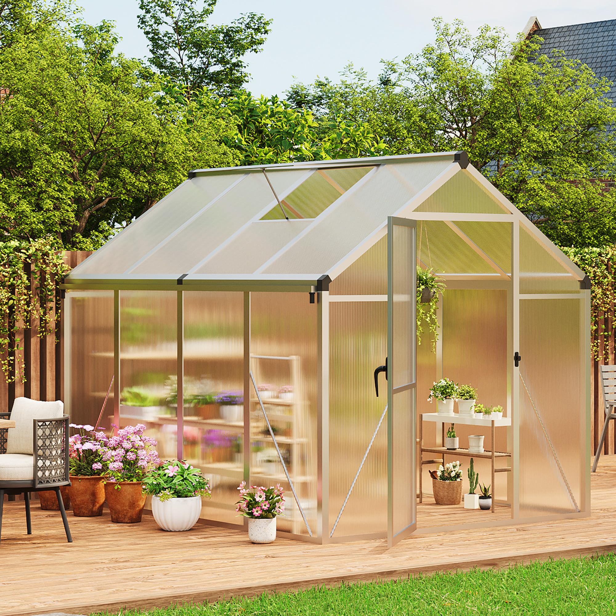 8×10 FT Greenhouse, Large Walk in Greenhouses for Outdoors and Garden Planting, Polycarbonate Greenhouse with Enhanced Aluminum Frame, Green Houses with Quick Setup Structure and Roof Vent, Green