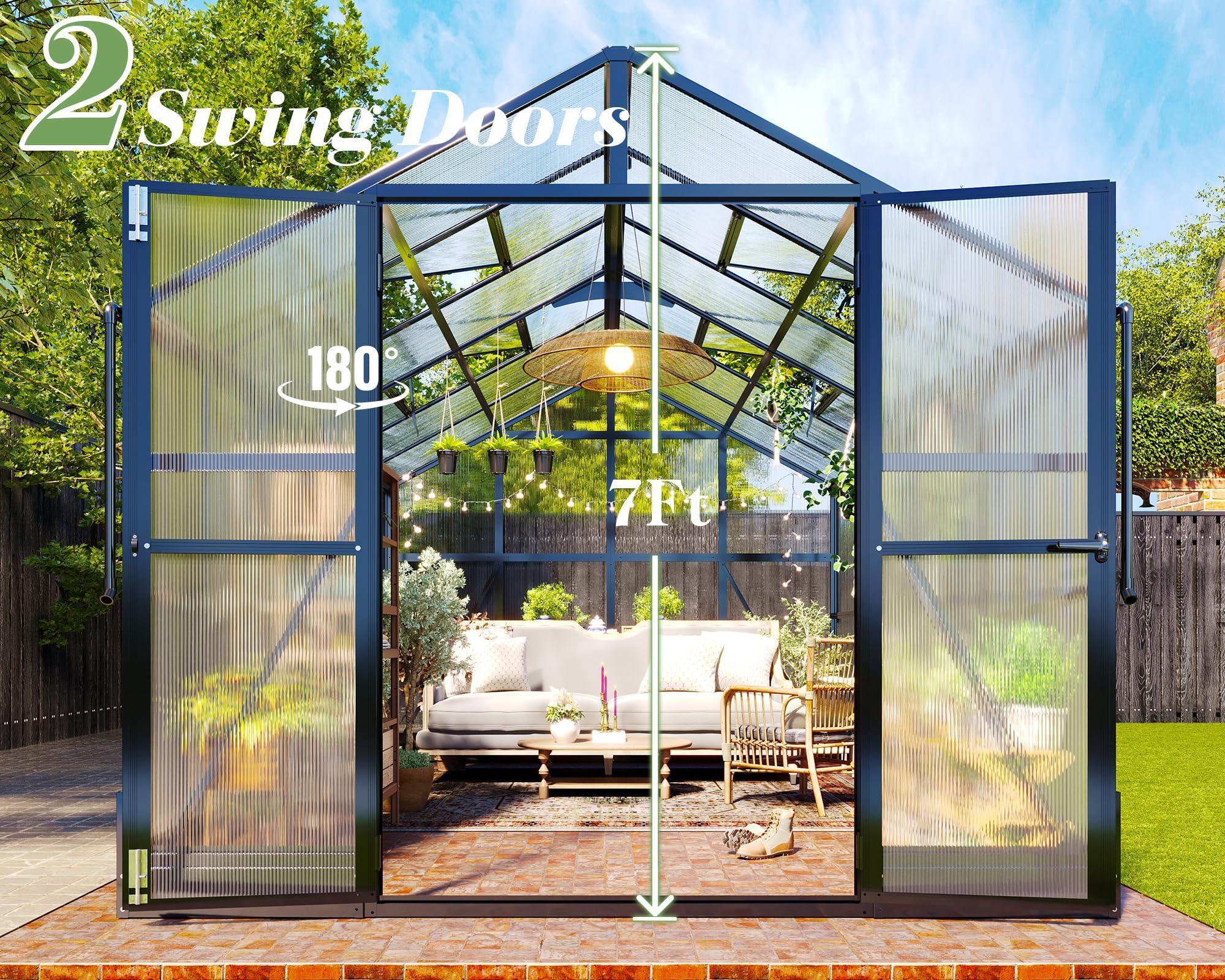 Jocisland 8x12x7.5 FT Greenhouse - Outdoor Aluminum Polycarbonate Greenhouse with Ventilation and Rain Gutter, 4 Swing Doors with Hook, Walk in Greenhouse for Outdoors Backyard Garden, Black - Unique Gift Market