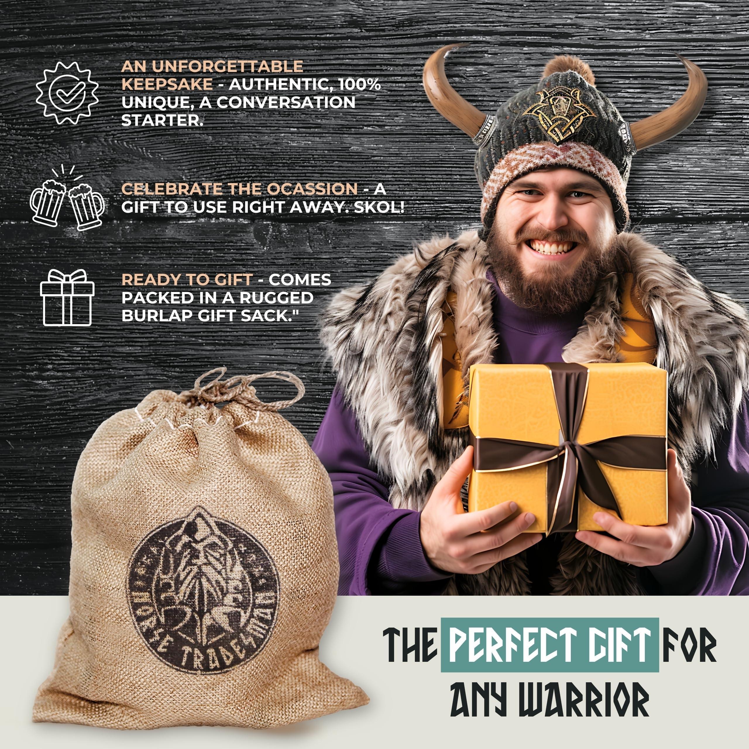Norse Tradesman Original LG Viking Drinking Horn Mug - 100% Authentic Beer Horn Tankard With Natural Surface & Burlap Gift Sack | The Original, Low Polish, approx. 16 oz - Unique Gift Market