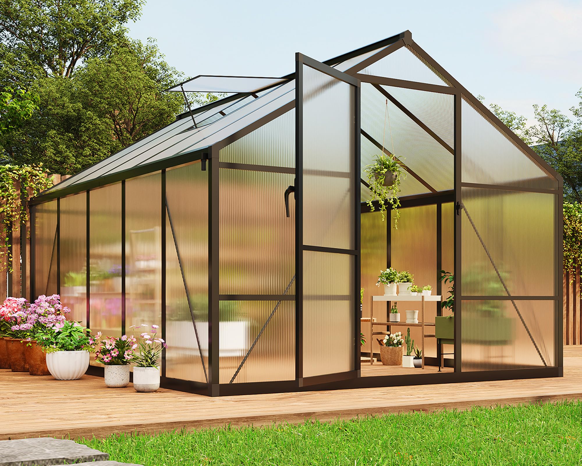 8×10 FT Greenhouse, Large Walk in Greenhouses for Outdoors and Garden Planting, Polycarbonate Greenhouse with Enhanced Aluminum Frame, Green Houses with Quick Setup Structure and Roof Vent, Green
