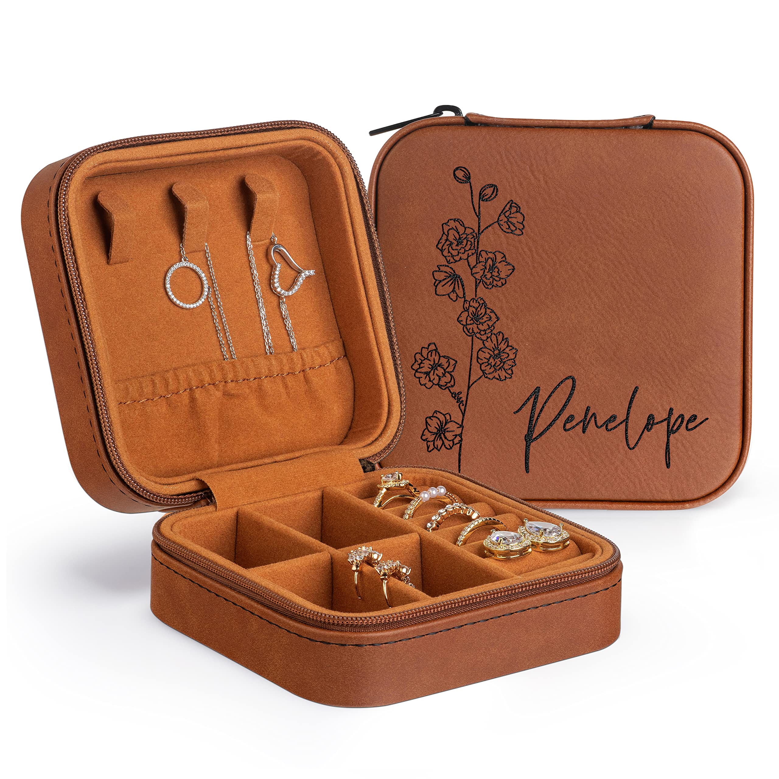 Custom Leather Jewelry Box w/Name & Birth Flower Month - Birthday Gifts for Women, Personalized Jewelry Travel Case - Customized Jewelry Organizer Box, Mom Birthday Gifts - Rustic