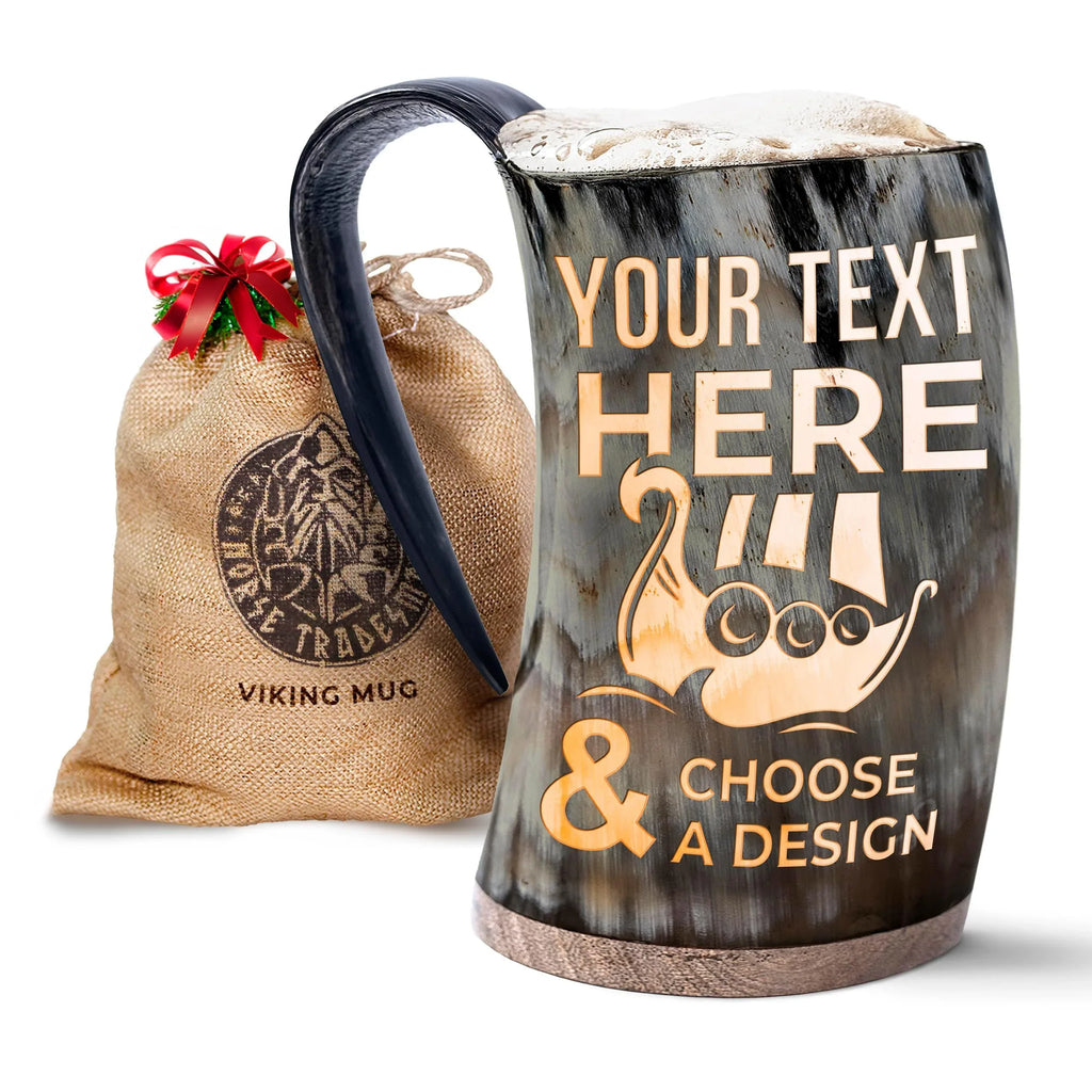 Norse Tradesman Original LG Viking Drinking Horn Mug - 100% Authentic Beer Horn Tankard With Natural Surface & Burlap Gift Sack | The Original, Low Polish, approx. 16 oz - Unique Gift Market