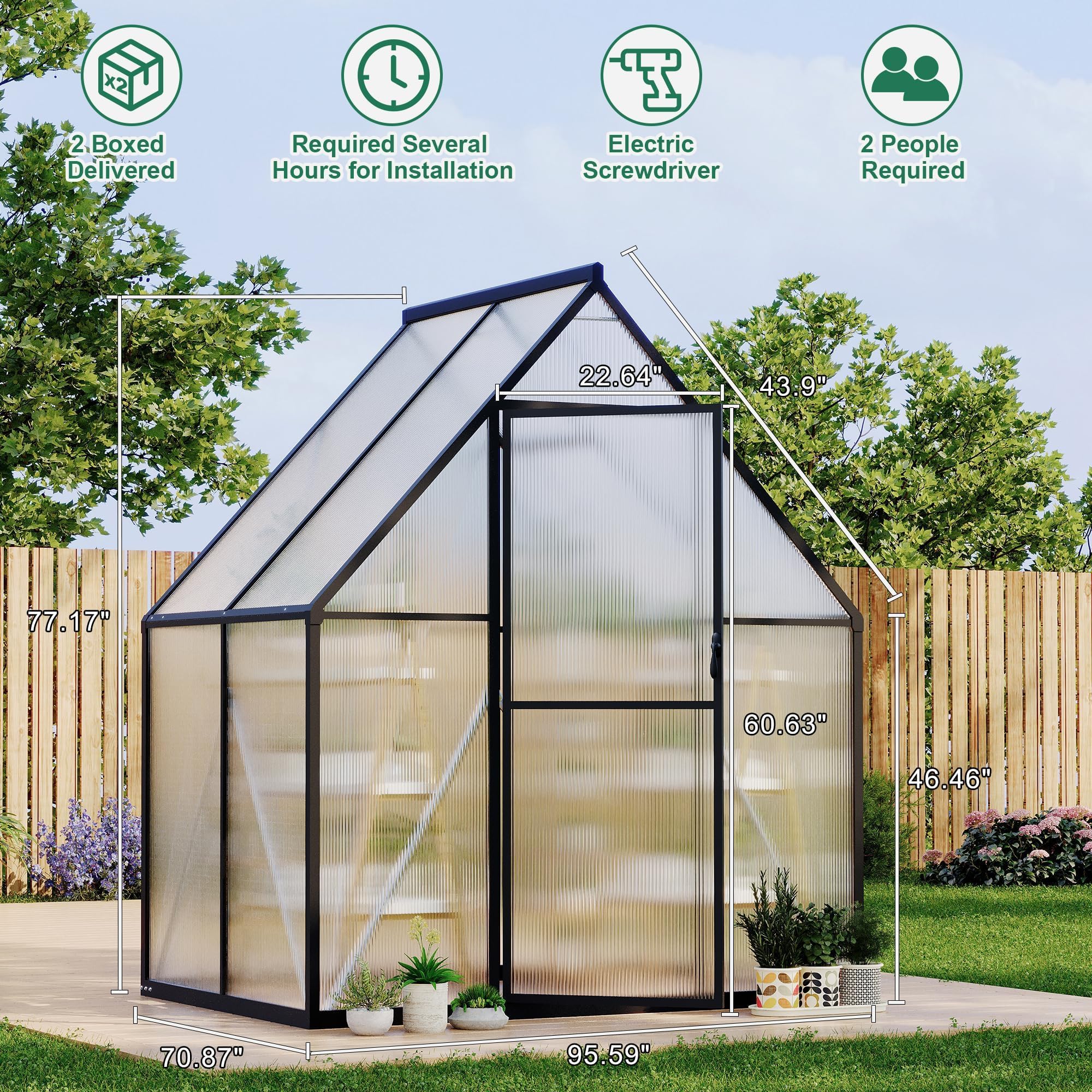 6×8FT Greenhouses for Outdoors, Aluminum Polycarbonate Greenhouses with Roof Vent - Heavy-Duty Walk-in Green Houses for All-Season Backyard Gardening
