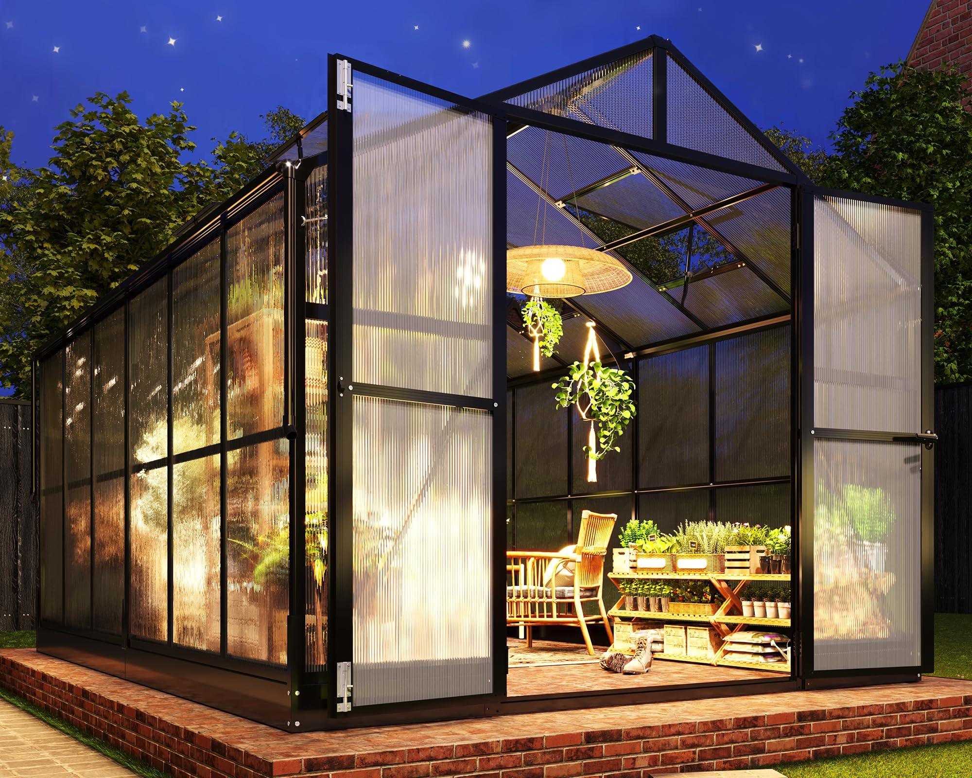 Jocisland 8x12x7.5 FT Greenhouse - Outdoor Aluminum Polycarbonate Greenhouse with Ventilation and Rain Gutter, 4 Swing Doors with Hook, Walk in Greenhouse for Outdoors Backyard Garden, Black - Unique Gift Market