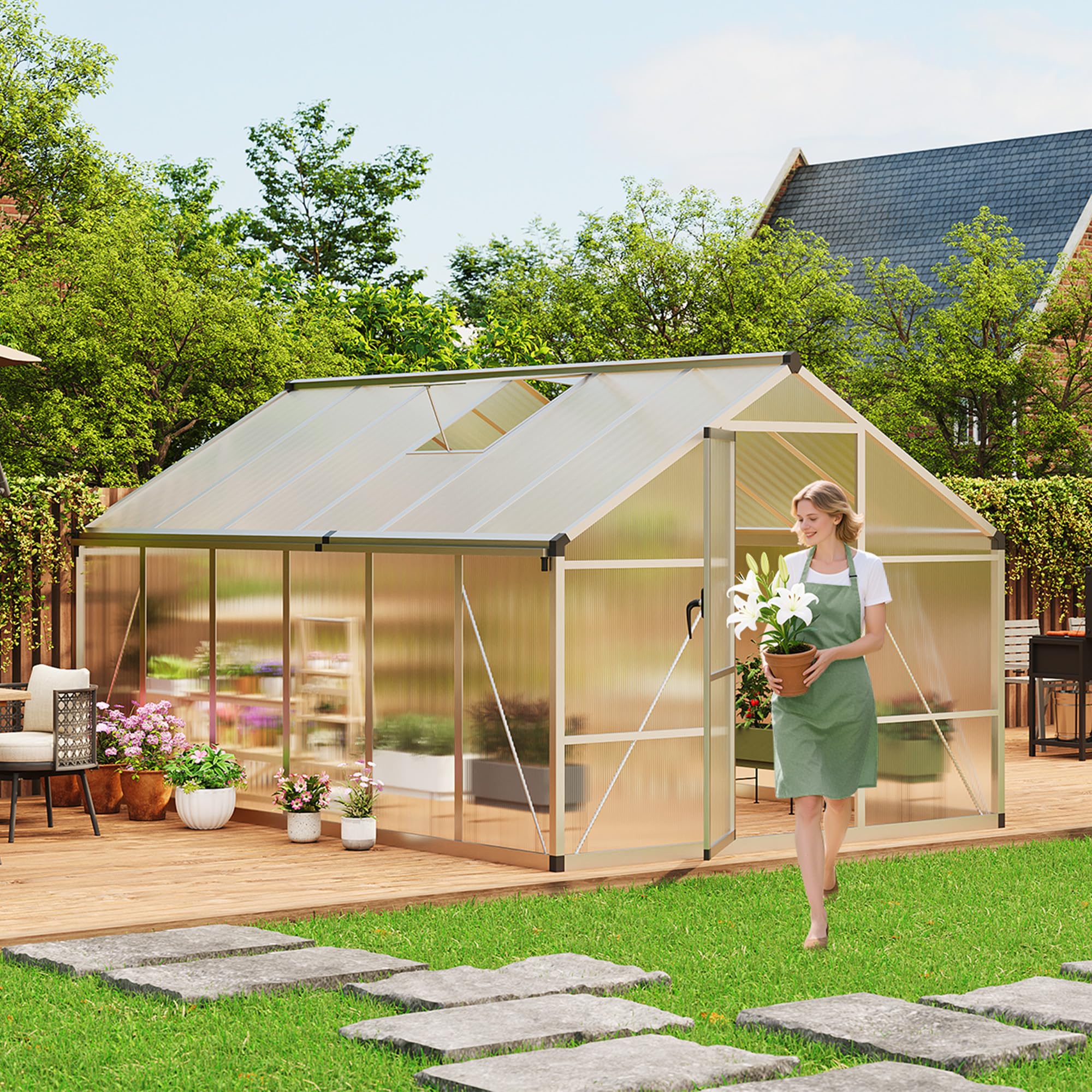 8×10 FT Greenhouse, Large Walk in Greenhouses for Outdoors and Garden Planting, Polycarbonate Greenhouse with Enhanced Aluminum Frame, Green Houses with Quick Setup Structure and Roof Vent, Green