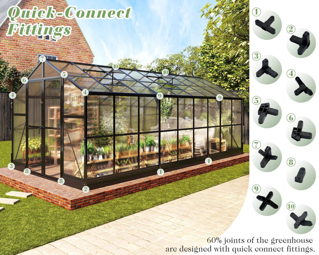 Jocisland 8x12x7.5 FT Greenhouse - Outdoor Aluminum Polycarbonate Greenhouse with Ventilation and Rain Gutter, 4 Swing Doors with Hook, Walk in Greenhouse for Outdoors Backyard Garden, Black - Unique Gift Market