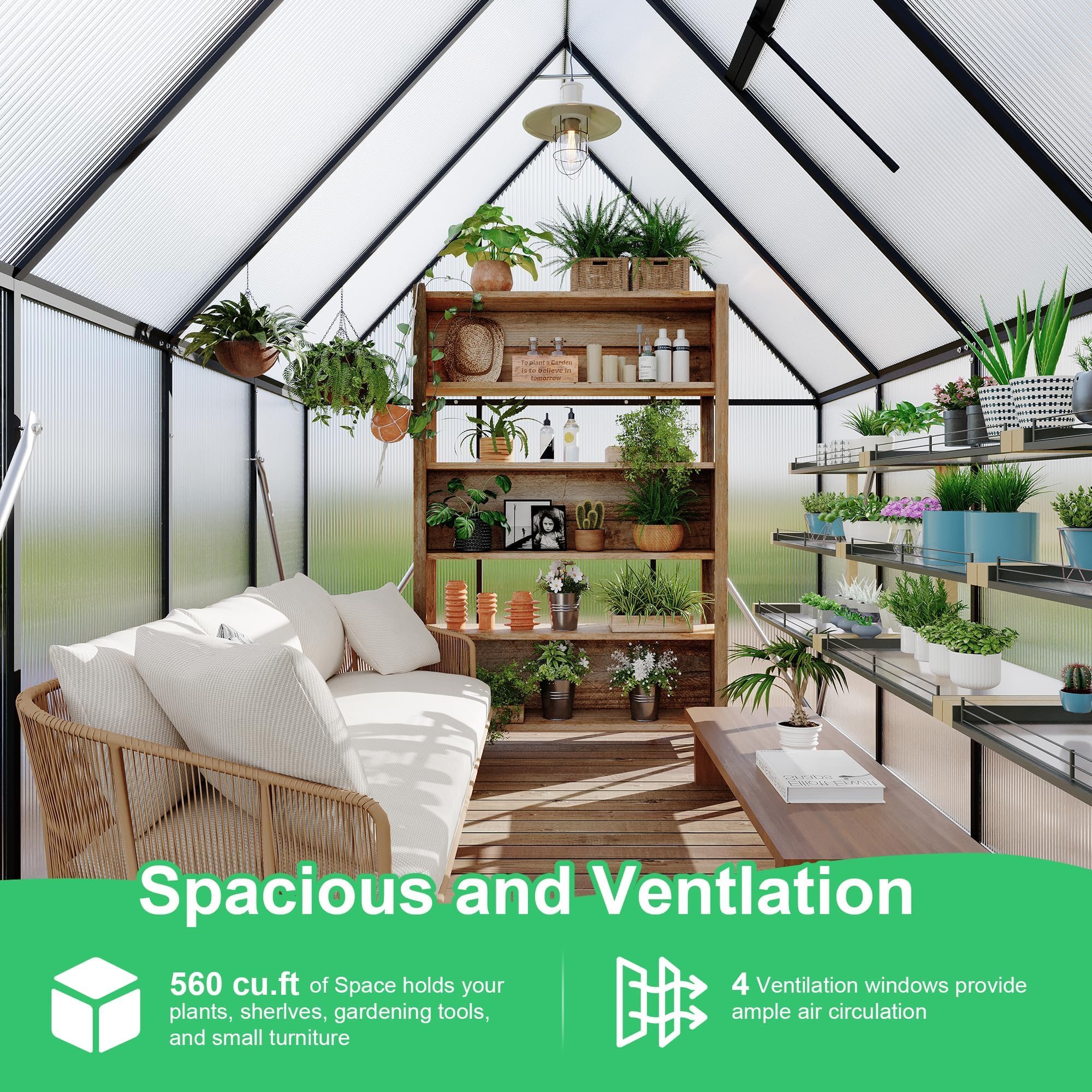 6×8FT Greenhouses for Outdoors, Aluminum Polycarbonate Greenhouses with Roof Vent - Heavy-Duty Walk-in Green Houses for All-Season Backyard Gardening