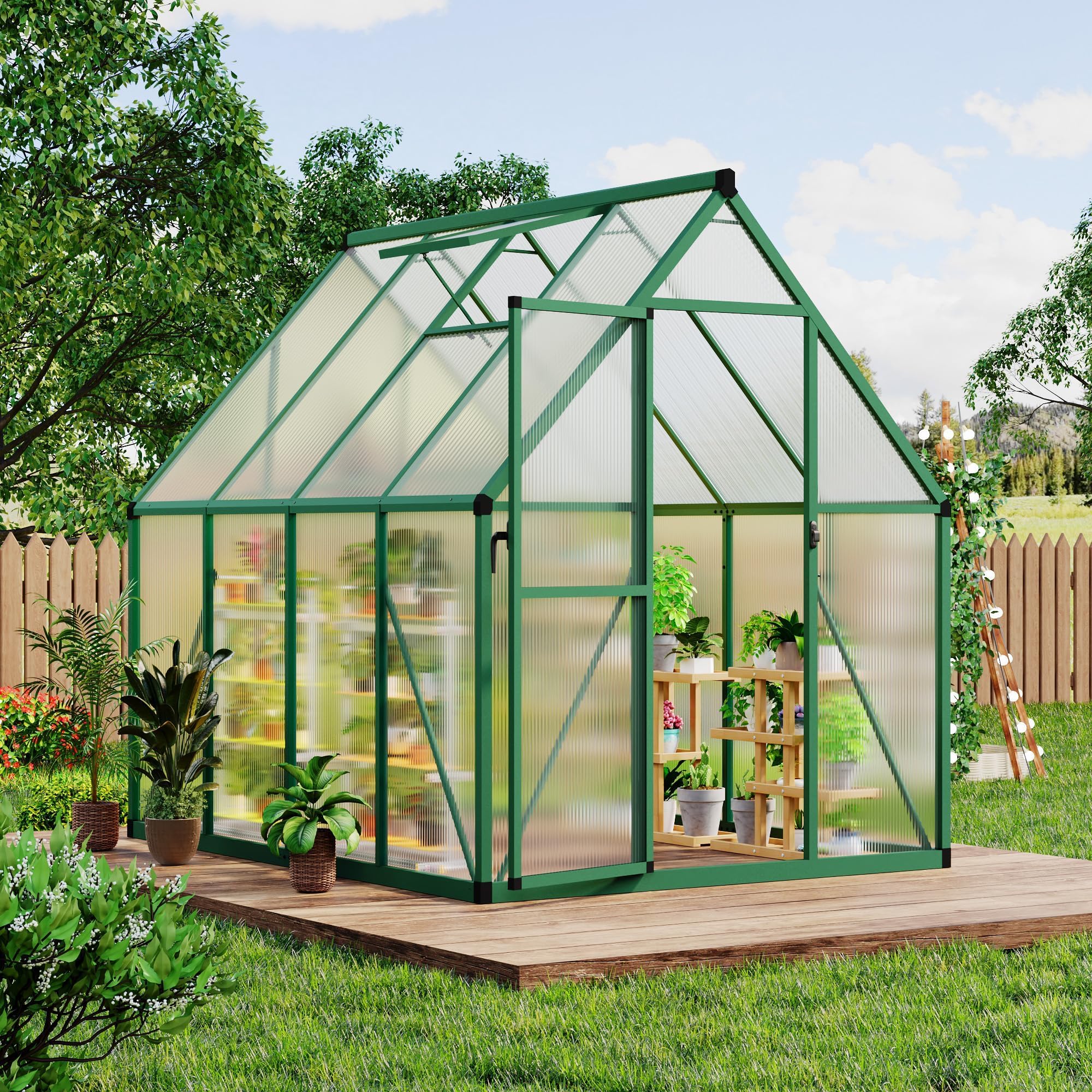 6×8FT Greenhouses for Outdoors, Aluminum Polycarbonate Greenhouses with Roof Vent - Heavy-Duty Walk-in Green Houses for All-Season Backyard Gardening
