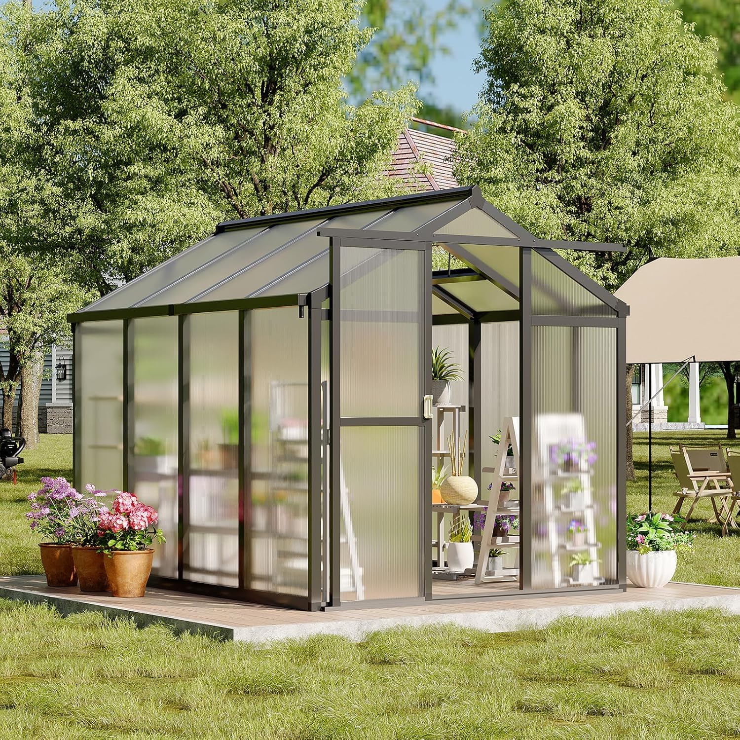 6×8FT Greenhouses for Outdoors, Aluminum Polycarbonate Greenhouses with Roof Vent - Heavy-Duty Walk-in Green Houses for All-Season Backyard Gardening