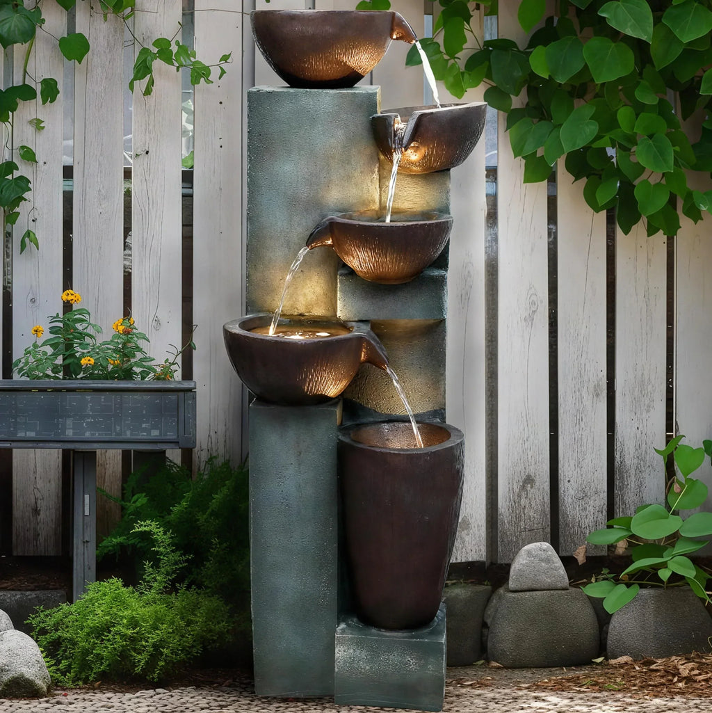 Naturefalls 40" Tall Outdoor Water Fountain and Waterfalls - Large Garden Fountain with LED Lights, 4-Tier Crocks, Indoor and Outdoor Fountains for Garden, Patio, Deck, Porch, Backyard and Home, Gray - Unique Gift Market