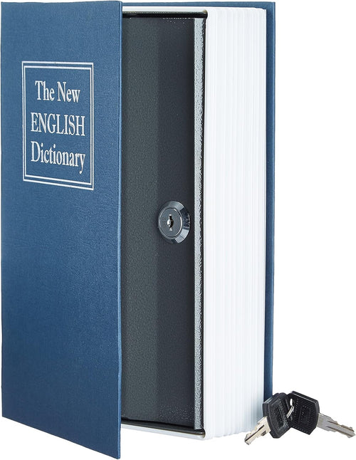 Amazon Basics Portable Diversion Book Safe, Secret Hidden Lock Box with Key Lock for Valuables, Hidden Storage Compartment Disguised as a Book, Large, Blue