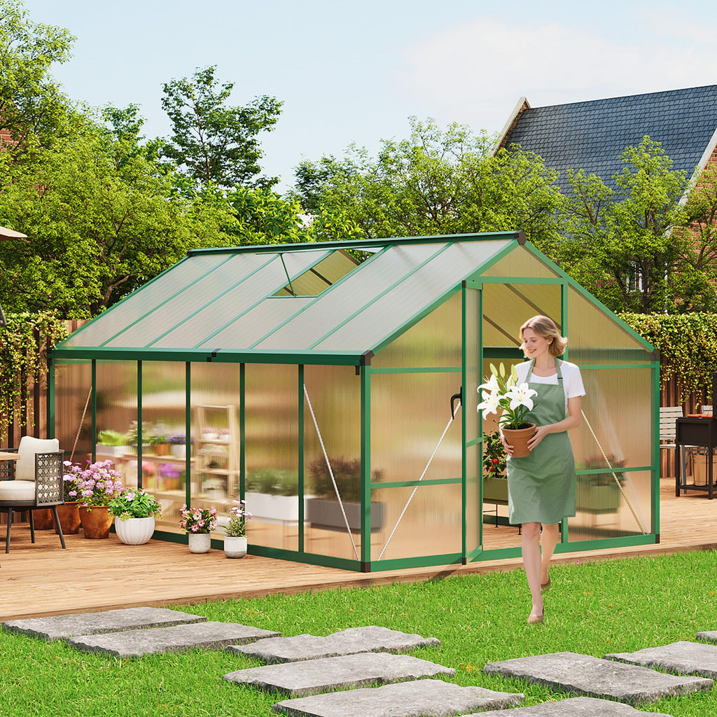 8×10 FT Greenhouse, Large Walk in Greenhouses for Outdoors and Garden Planting, Polycarbonate Greenhouse with Enhanced Aluminum Frame, Green Houses with Quick Setup Structure and Roof Vent, Green