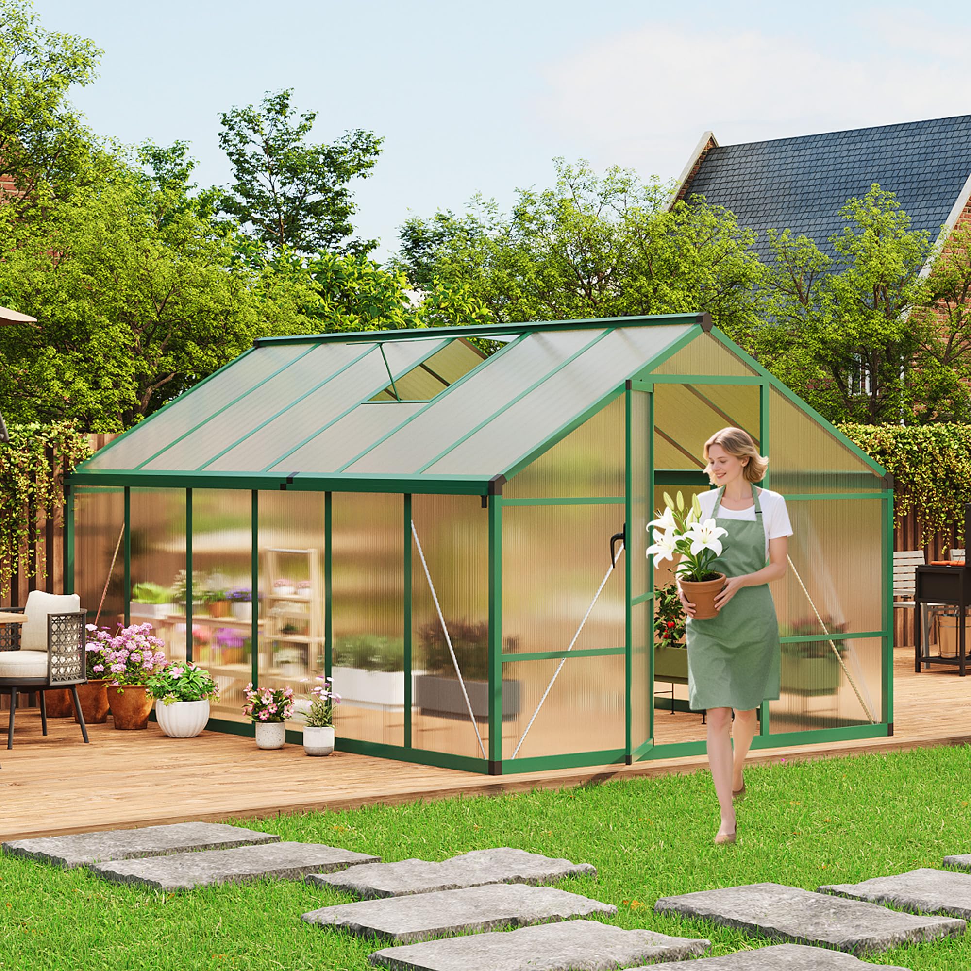 8×10 FT Greenhouse, Large Walk in Greenhouses for Outdoors and Garden Planting, Polycarbonate Greenhouse with Enhanced Aluminum Frame, Green Houses with Quick Setup Structure and Roof Vent, Green