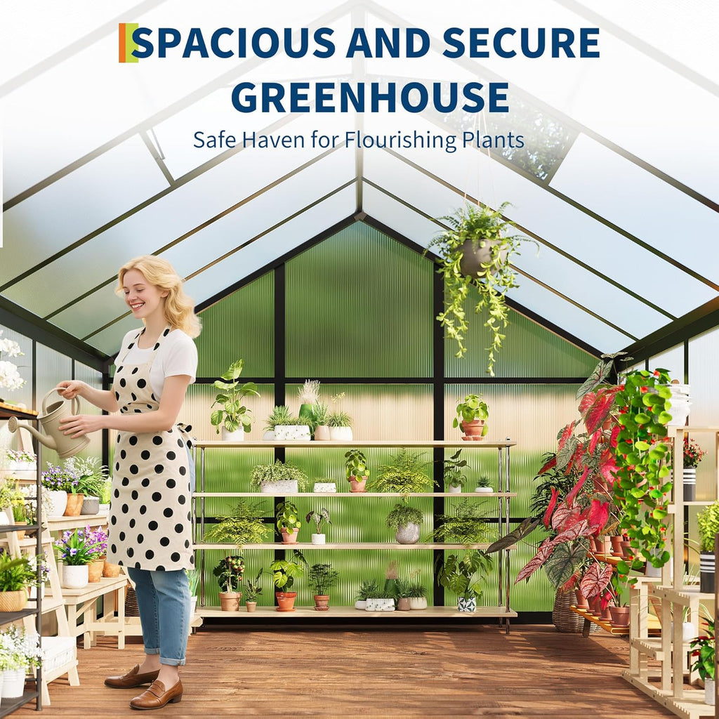 6×10 FT Greenhouse, Large Walk in Greenhouses for Outdoors and Garden Planting, Polycarbonate Greenhouse with Enhanced Aluminum Frame, Green Houses with Quick Setup Structure and Roof Vent, Black