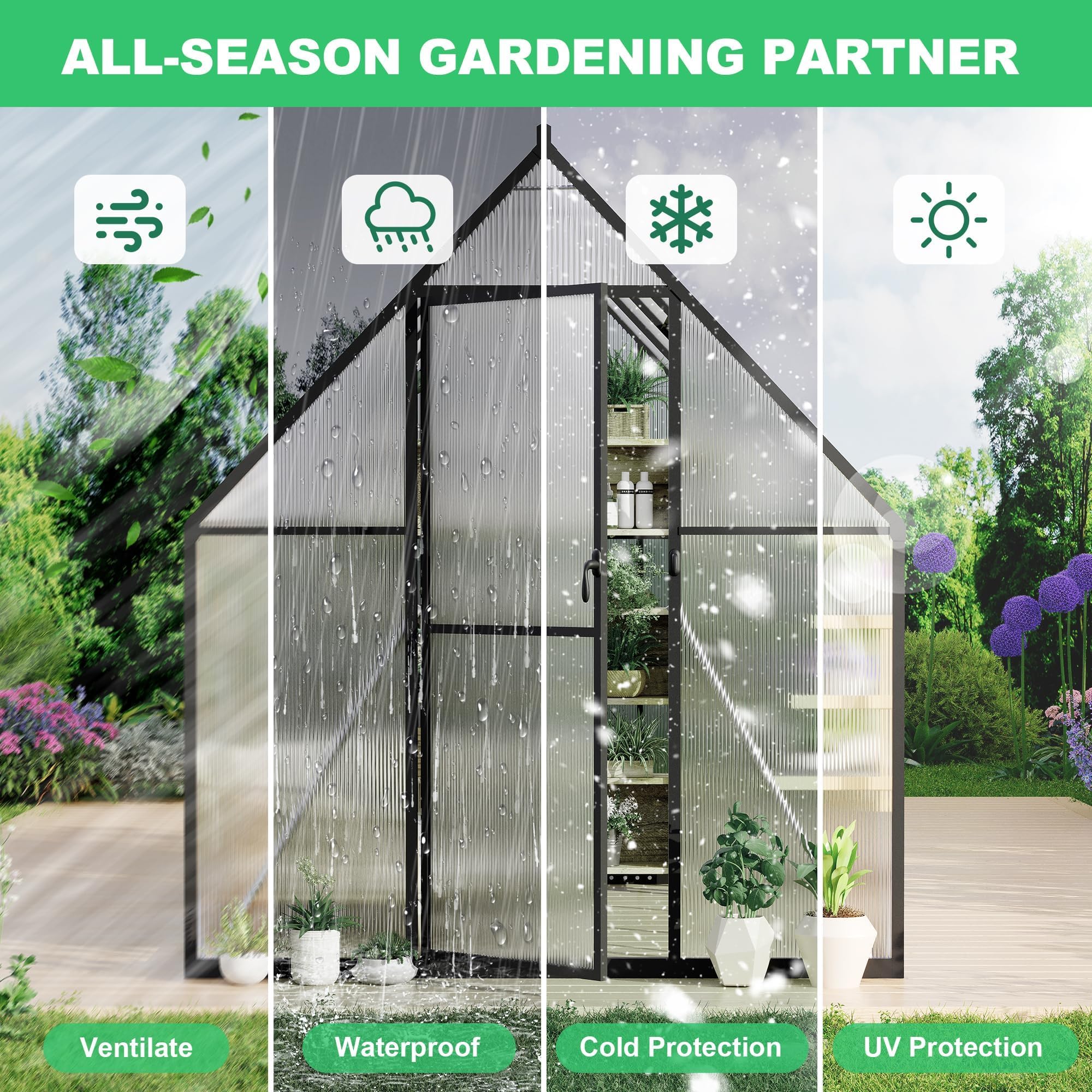 6×8FT Greenhouses for Outdoors, Aluminum Polycarbonate Greenhouses with Roof Vent - Heavy-Duty Walk-in Green Houses for All-Season Backyard Gardening