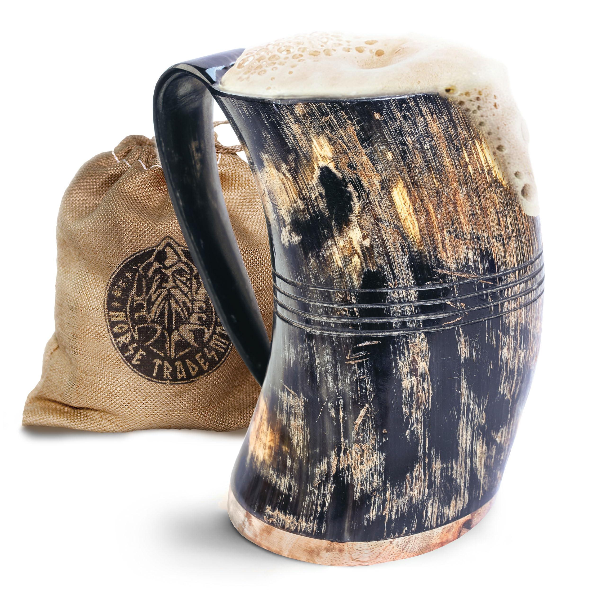 Norse Tradesman Original LG Viking Drinking Horn Mug - 100% Authentic Beer Horn Tankard With Natural Surface & Burlap Gift Sack | The Original, Low Polish, approx. 16 oz - Unique Gift Market