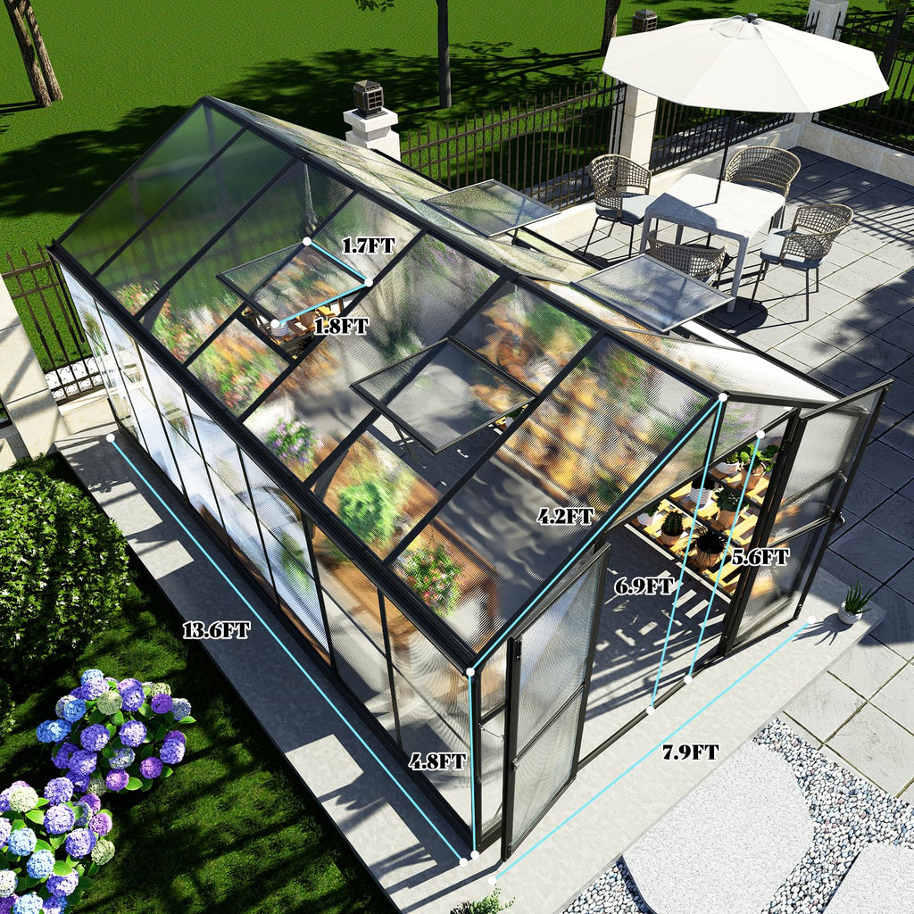 AMERLIFE 8x12x7FT Polycarbonate Greenhouse, Walk in Greenhouse with Quick-Connect System, Green House with 4 Vent Windows and Swing Lockable Door, Greenhouses for Outdoors, Sunroom Black