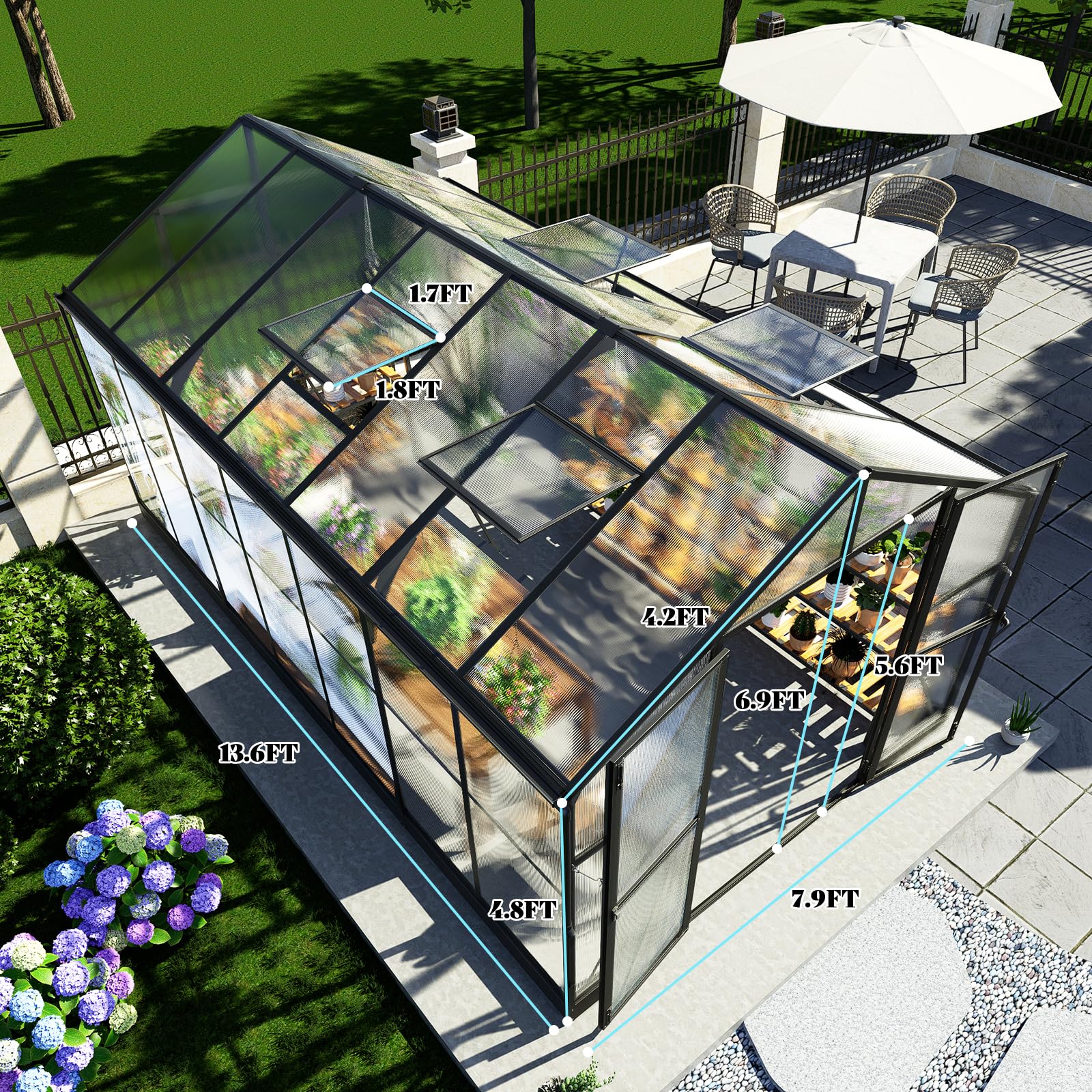 AMERLIFE 8x12x7FT Polycarbonate Greenhouse, Walk in Greenhouse with Quick-Connect System, Green House with 4 Vent Windows and Swing Lockable Door, Greenhouses for Outdoors, Sunroom Black