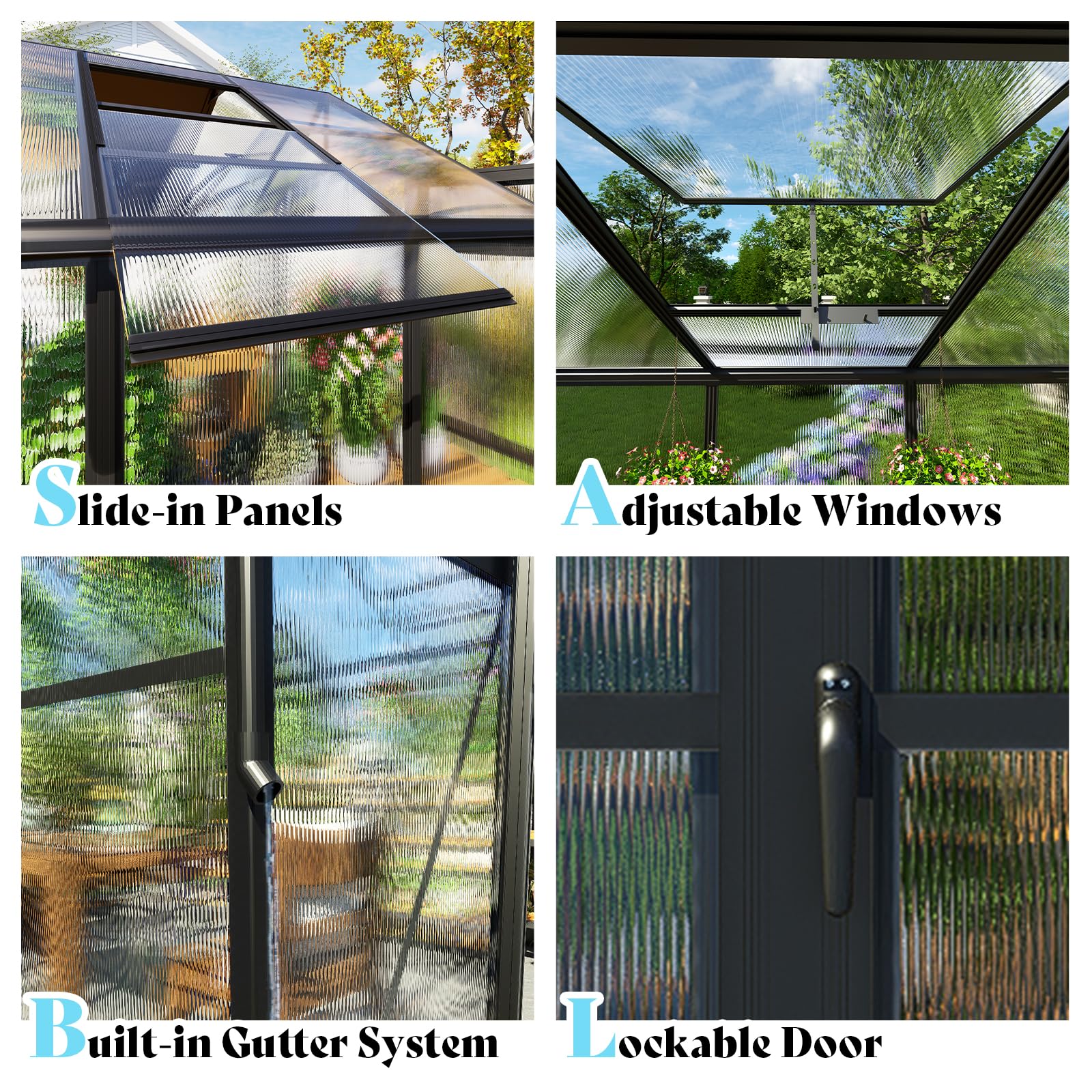 AMERLIFE 8x12x7FT Polycarbonate Greenhouse, Walk in Greenhouse with Quick-Connect System, Green House with 4 Vent Windows and Swing Lockable Door, Greenhouses for Outdoors, Sunroom Black