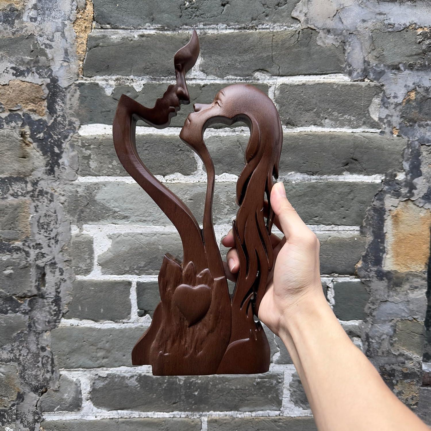 BGCOPPER Wooden Kissing Couple Ornament, Abstract Couple Portrait Sculpture Romantic Love Statue Decor Gift for Women Anniversary Valentine Wedding - 10 Inch - Unique Gift Market
