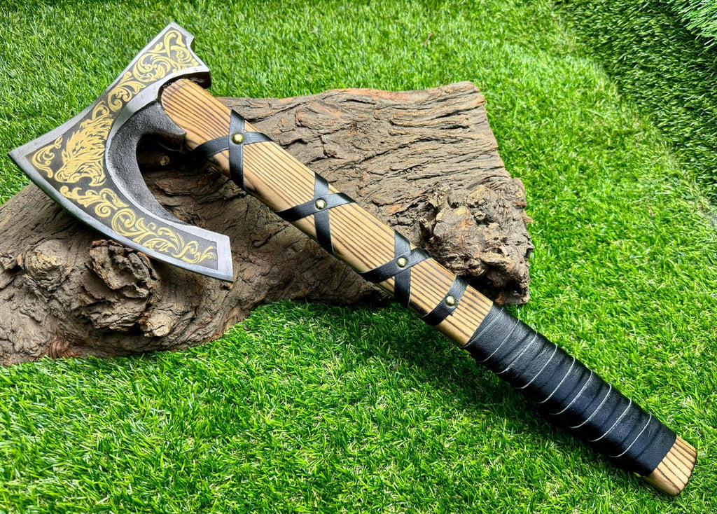 Poshland AX-7001 Custom Gift Forged Carbon Steel Viking Axe with Rose Wood Shaft, Double Edge Axe - Unique Gift Market
