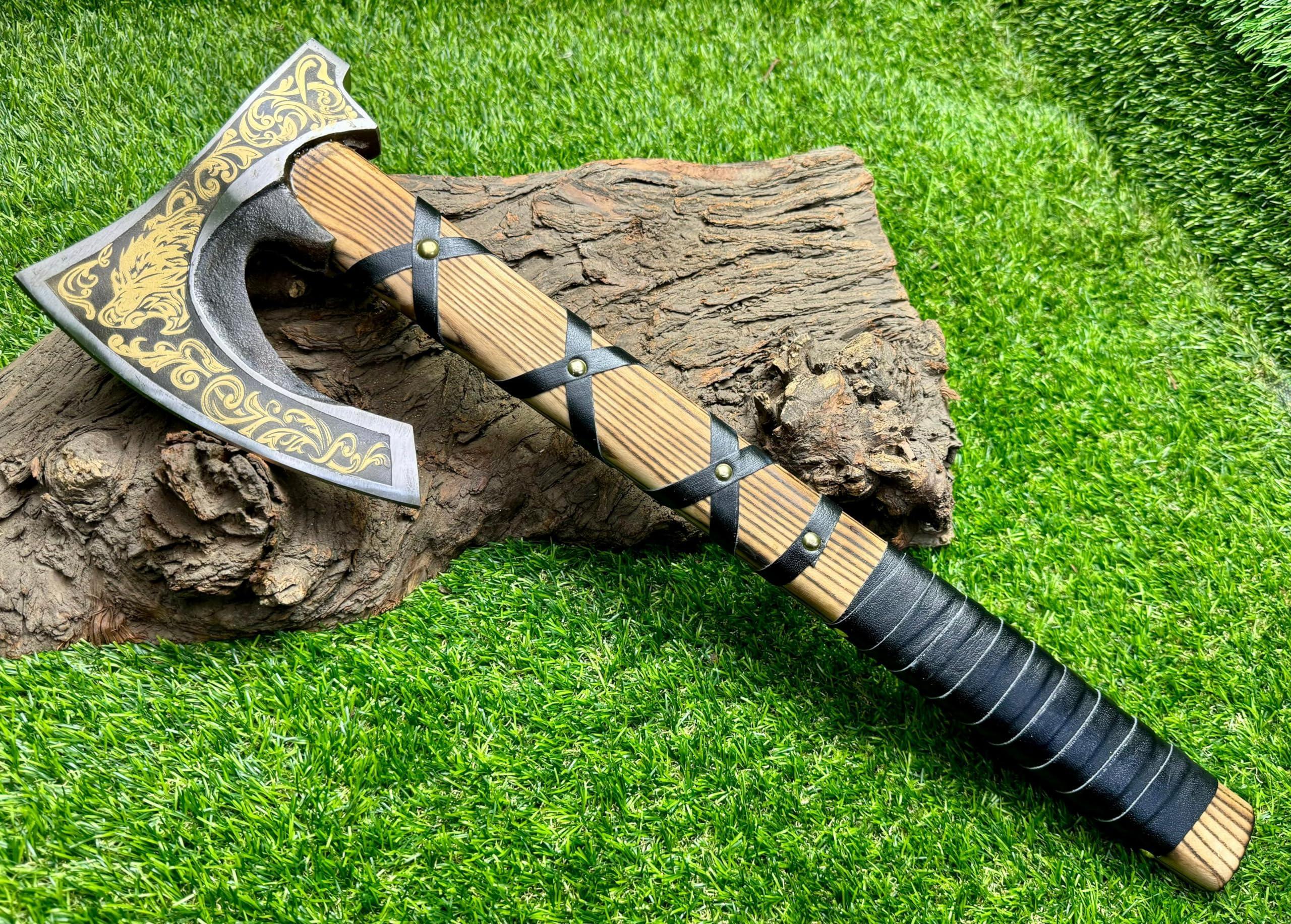 Poshland AX-7001 Custom Gift Forged Carbon Steel Viking Axe with Rose Wood Shaft, Double Edge Axe - Unique Gift Market