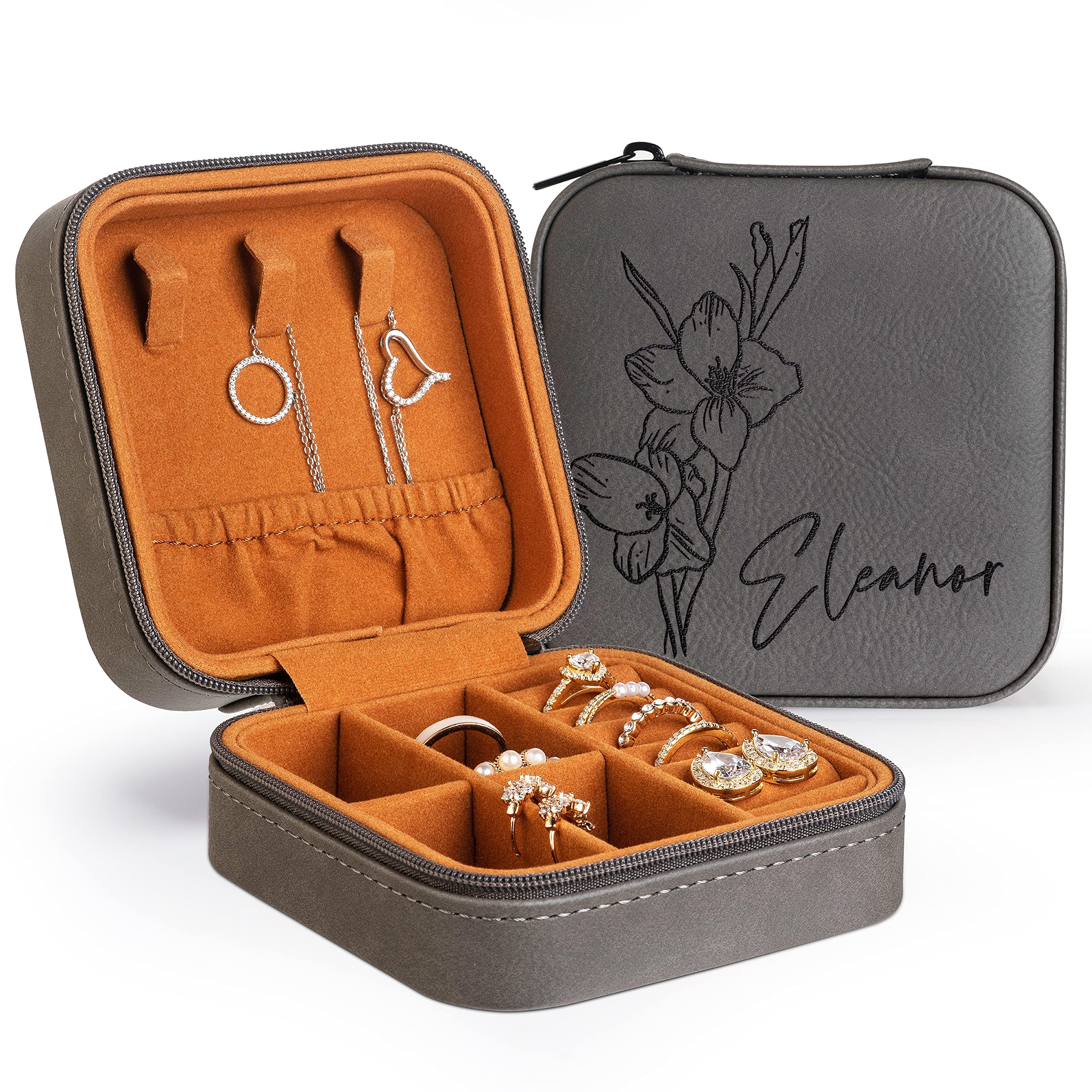 Custom Leather Jewelry Box w/Name & Birth Flower Month - Birthday Gifts for Women, Personalized Jewelry Travel Case - Customized Jewelry Organizer Box, Mom Birthday Gifts - Rustic