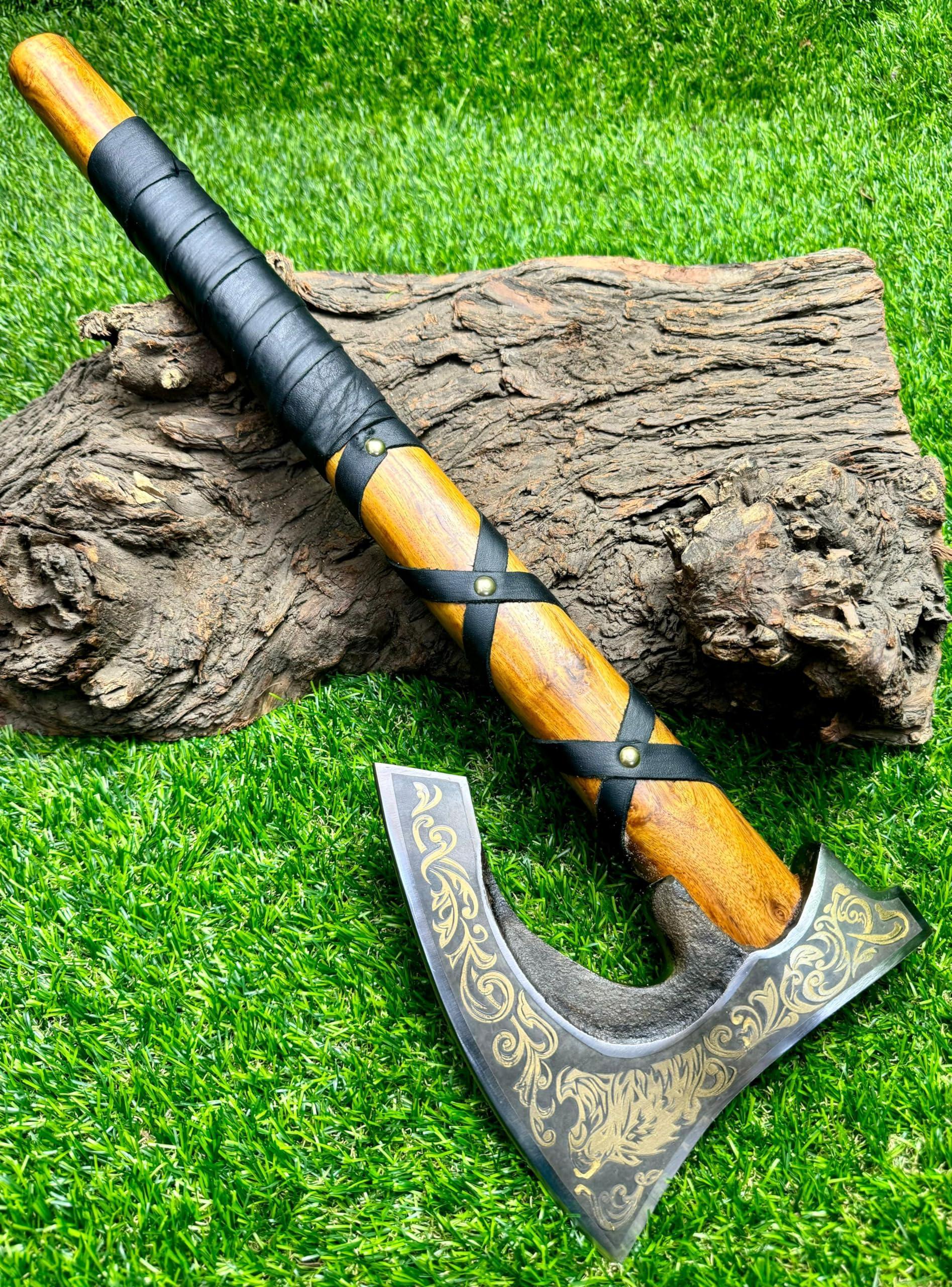 Poshland AX-7001 Custom Gift Forged Carbon Steel Viking Axe with Rose Wood Shaft, Double Edge Axe - Unique Gift Market