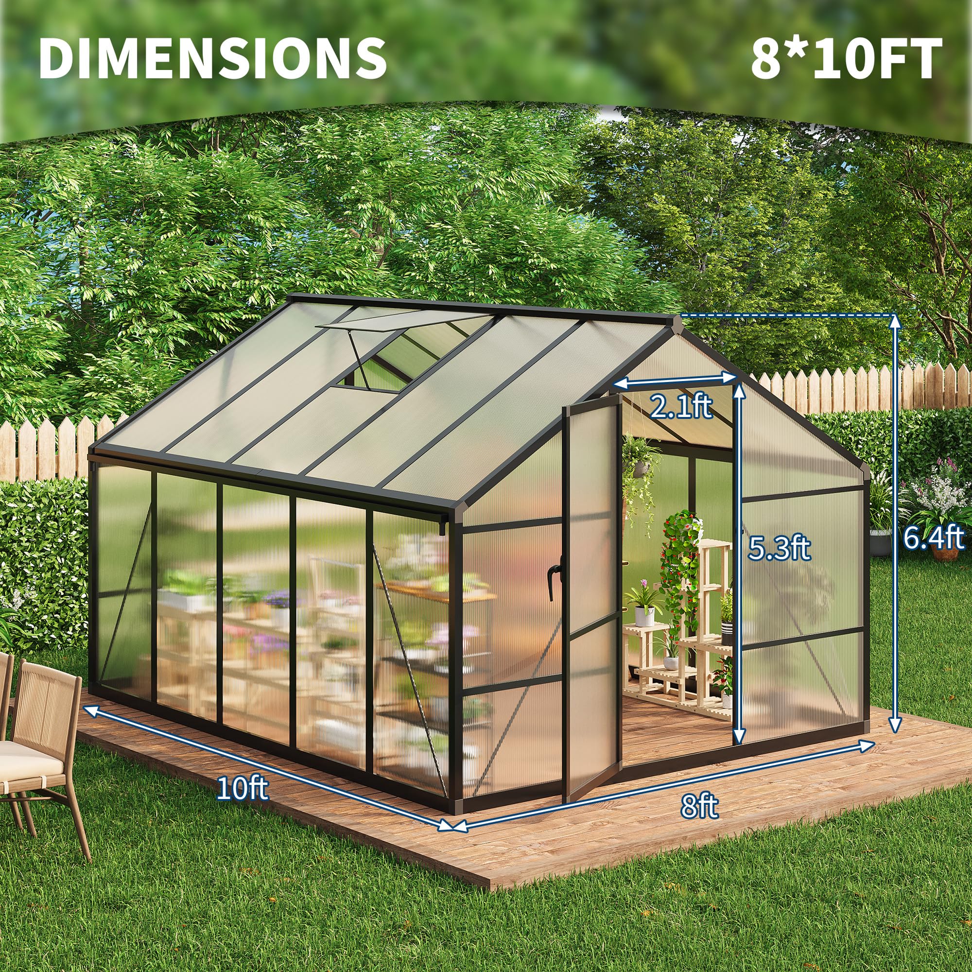 8×10 FT Greenhouse, Large Walk in Greenhouses for Outdoors and Garden Planting, Polycarbonate Greenhouse with Enhanced Aluminum Frame, Green Houses with Quick Setup Structure and Roof Vent, Green