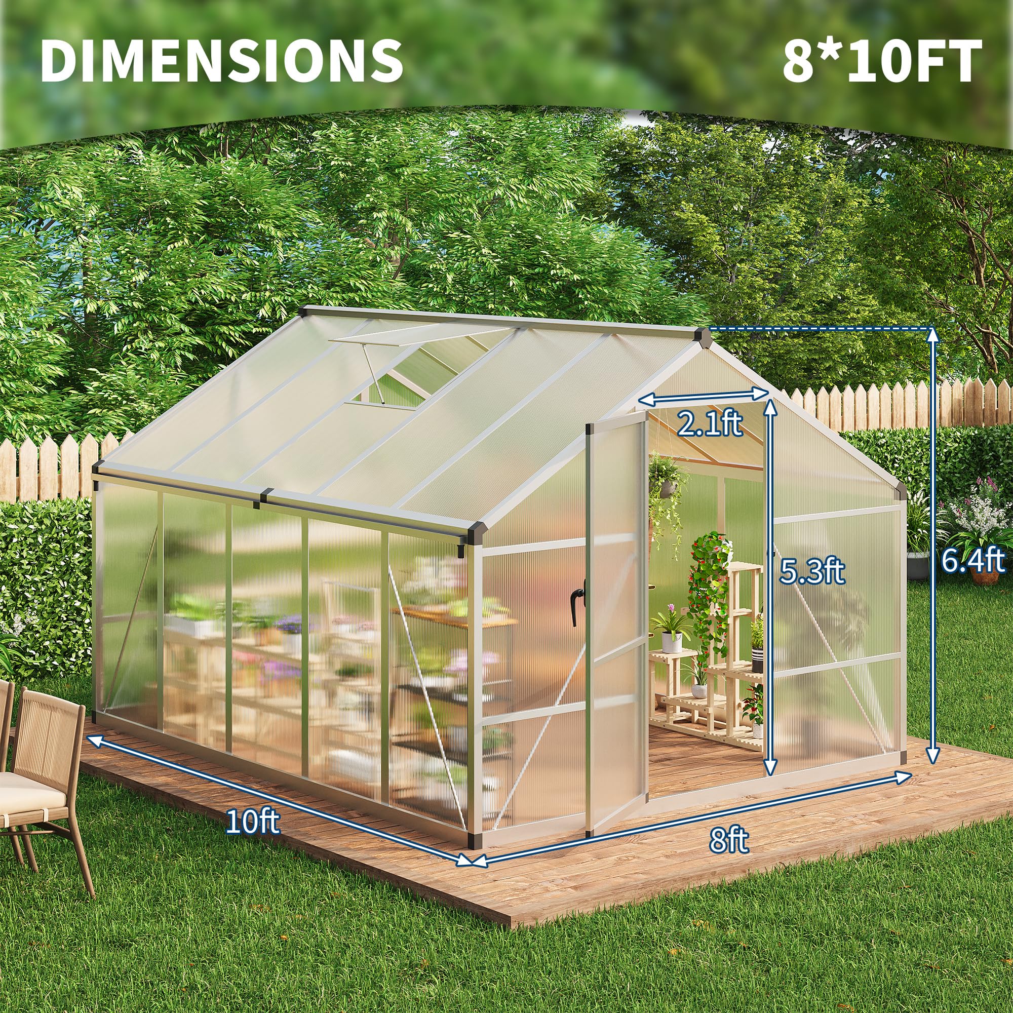 8×10 FT Greenhouse, Large Walk in Greenhouses for Outdoors and Garden Planting, Polycarbonate Greenhouse with Enhanced Aluminum Frame, Green Houses with Quick Setup Structure and Roof Vent, Green