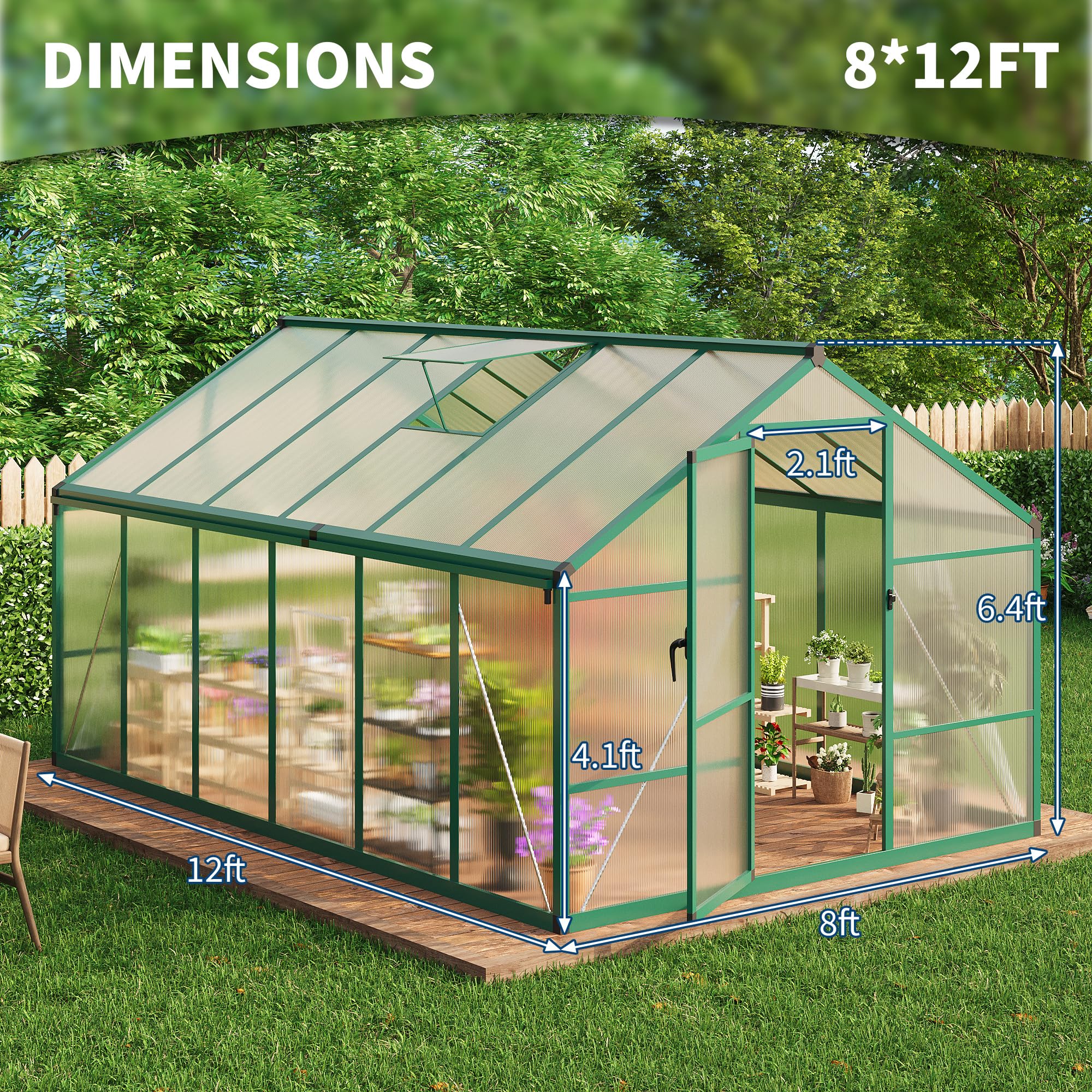 8×10 FT Greenhouse, Large Walk in Greenhouses for Outdoors and Garden Planting, Polycarbonate Greenhouse with Enhanced Aluminum Frame, Green Houses with Quick Setup Structure and Roof Vent, Green